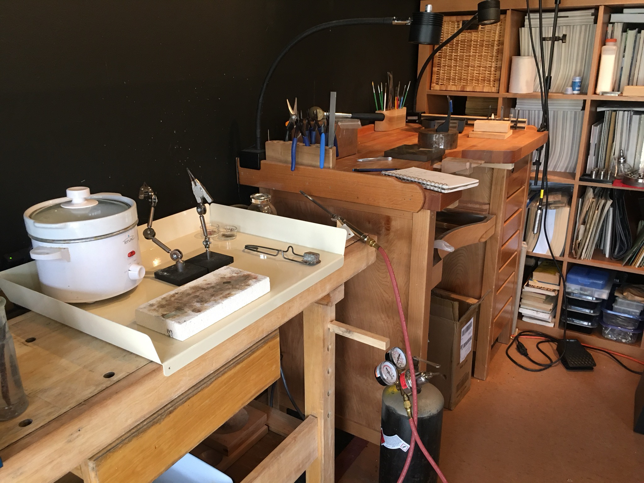 Silversmithing tools and bench